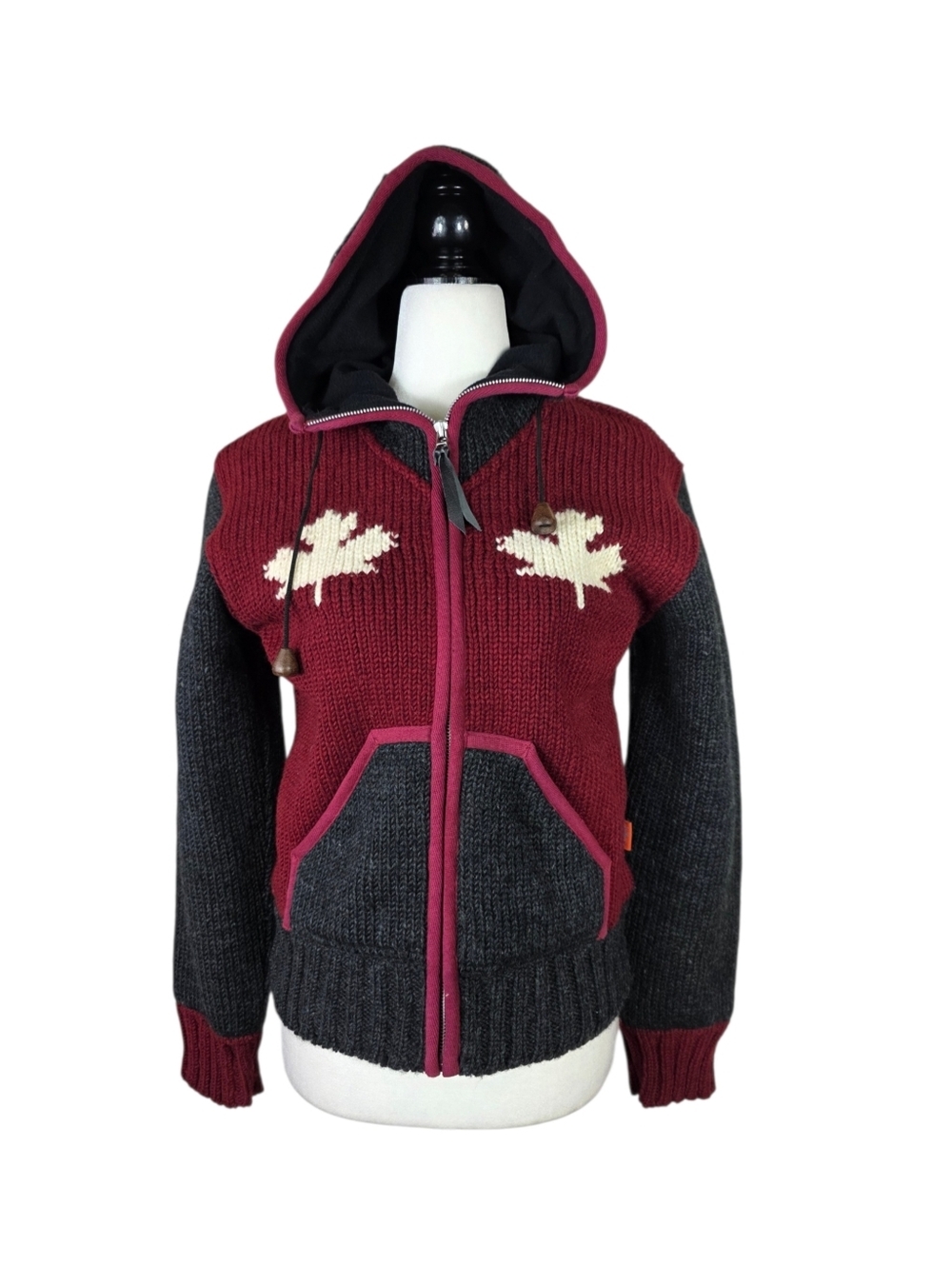 Delux Made in Nepal 100% Wool Hooded Zip Sweater with Canada  Maple Motif